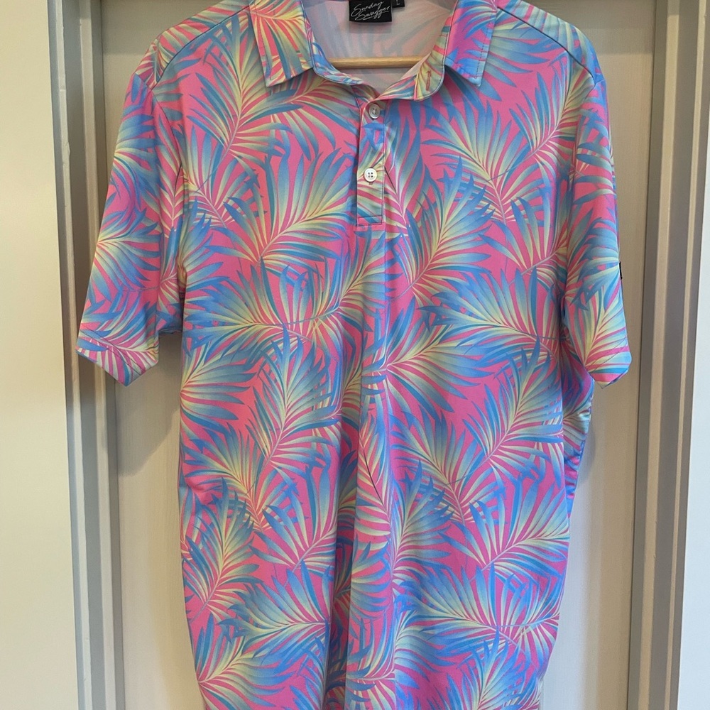 Sunday Swagger Pink and Blue Leaf Print Polo men’s large